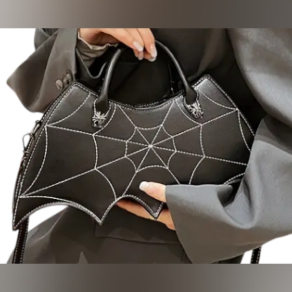Goth Horror Themed Spider Web Bat Design Faux Leather Crossbody Purse - Picture 8 of 12